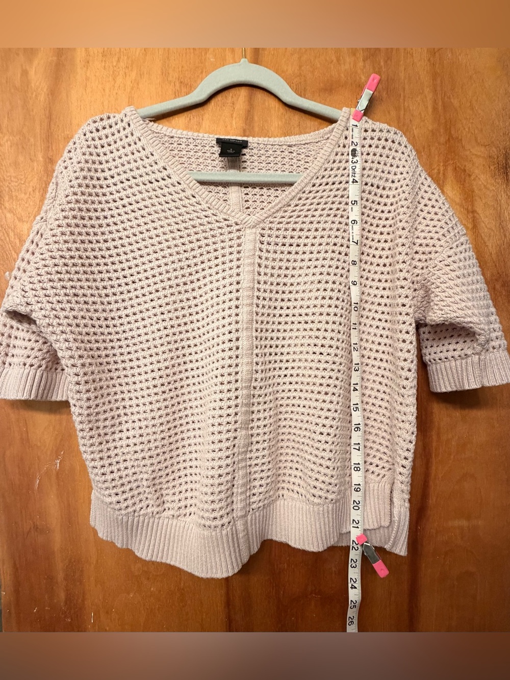 Ann Taylor V-Neck Open Knit Short Sleeve Sweater - Blush Pink *